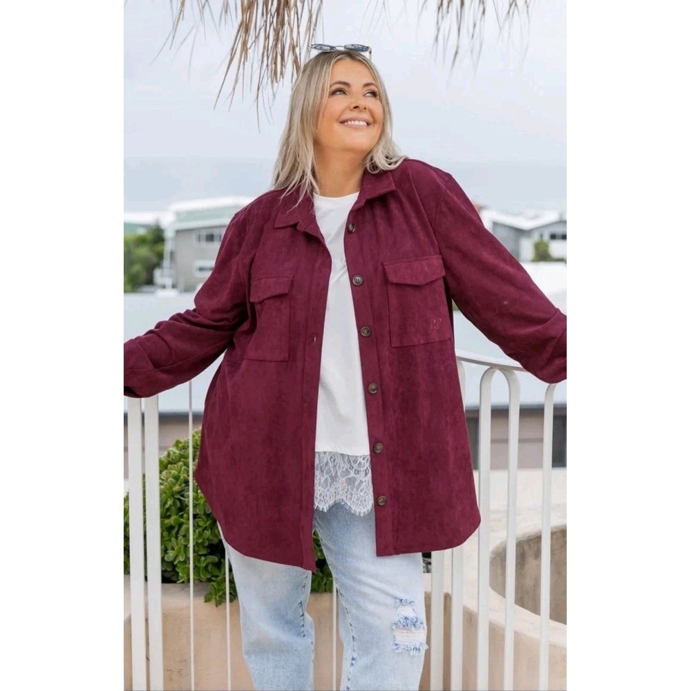 Catherines Womens Faux suede Blouse 1X Burgundy/Wine Button Up